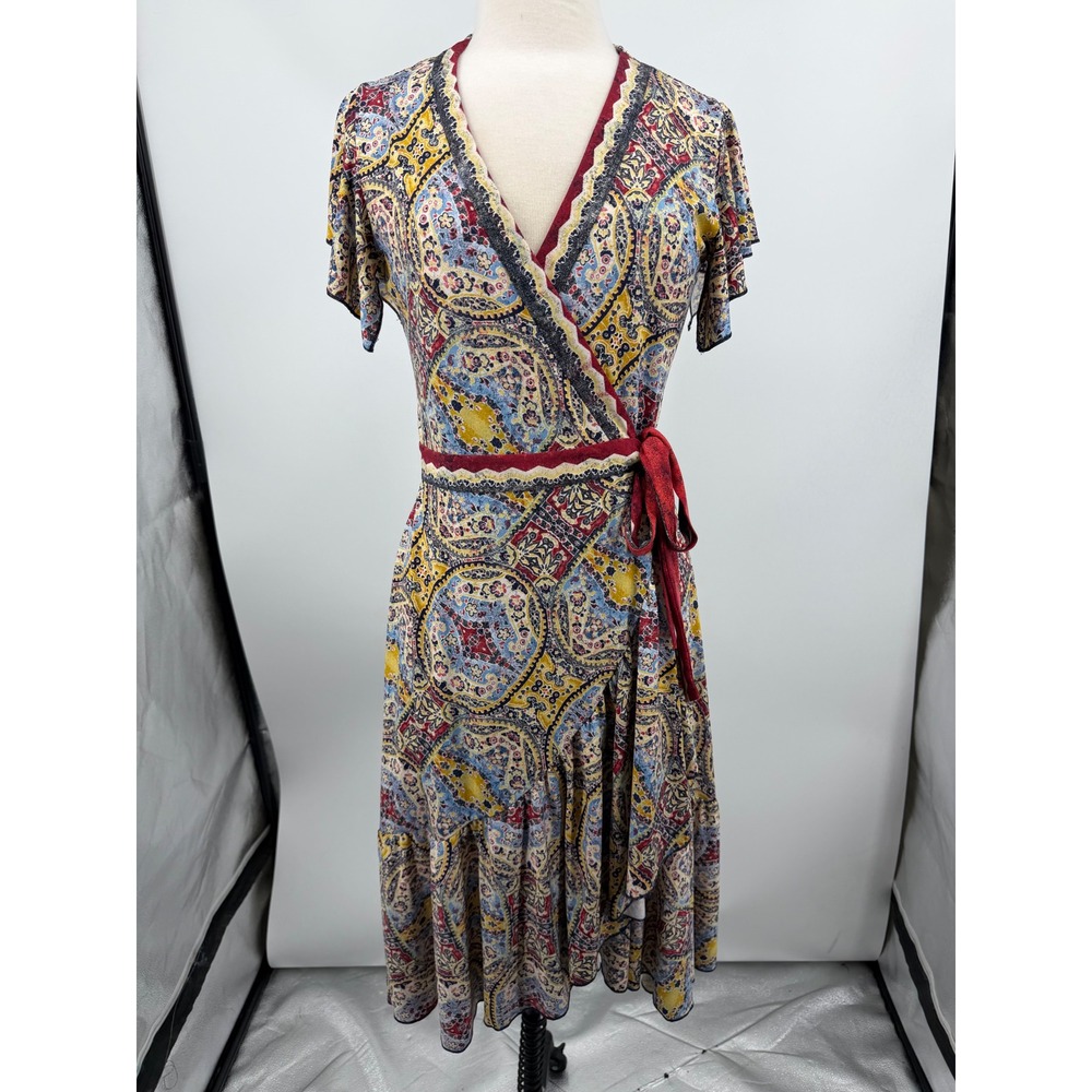 BCBGMAXAZRIA Paisley Wrap Dress Womens Medium Multicolor Flutter Sleeve Boho